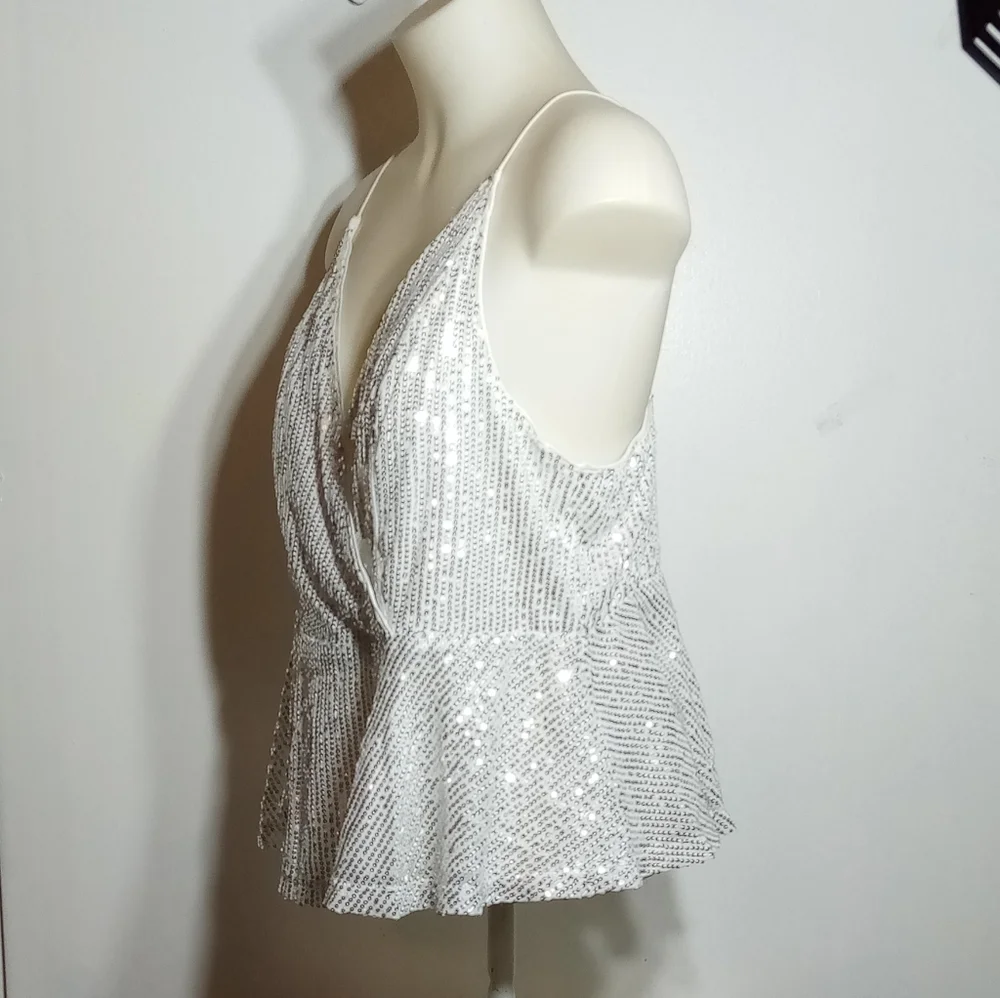 Shein Curve Silver Sequin Overlap Collar Peplum Hem Cami Top Sz XL - Picture 8 of 9